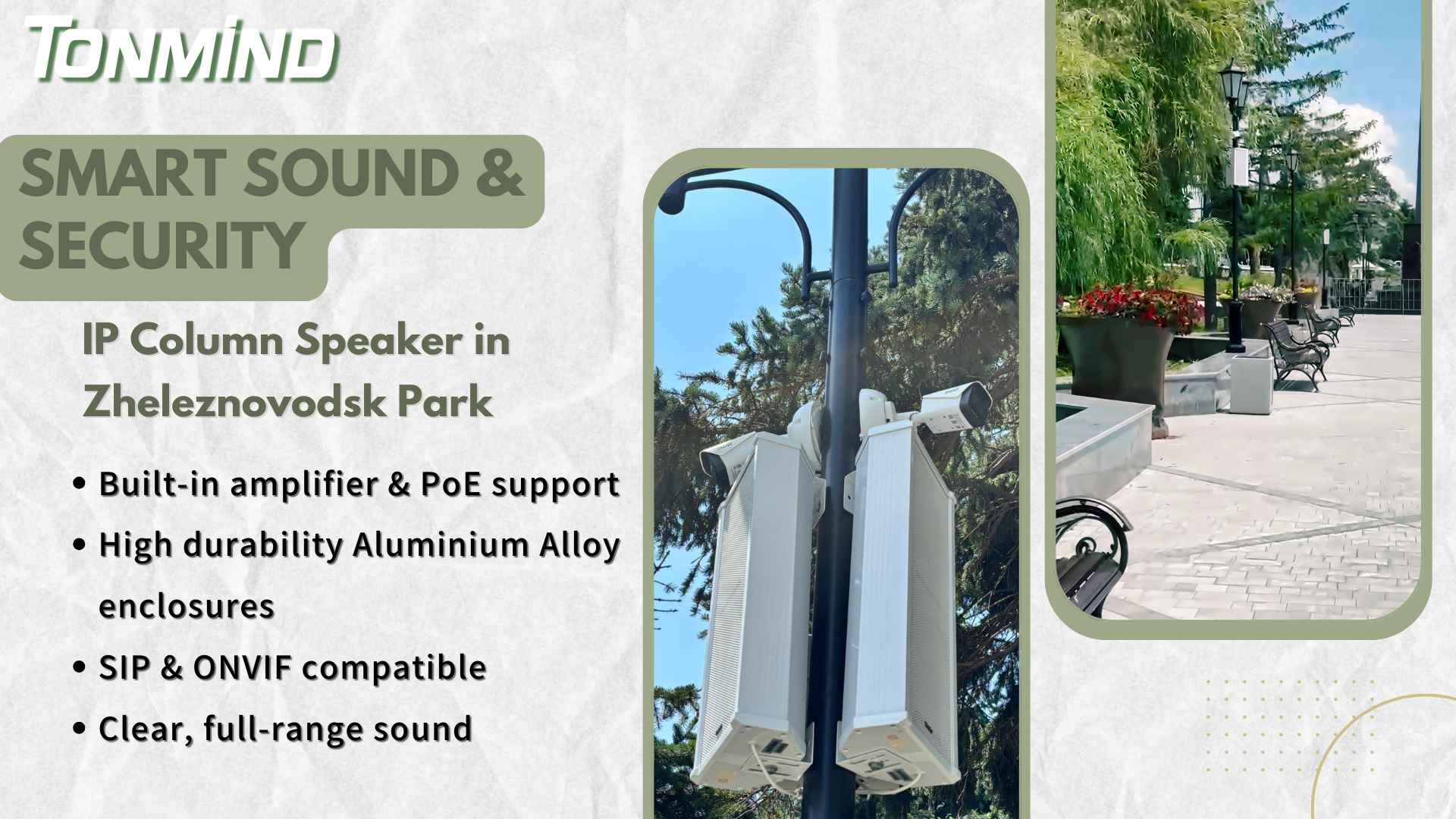 Smart Sound & Security: altoparlante a colonna IP Tonmind nel parco di Zheleznovodsk
