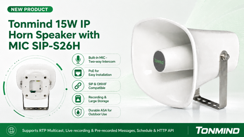 Tonmind lancia il nuovo altoparlante a tromba IP da 15W con microfono integrato SIP-S26H